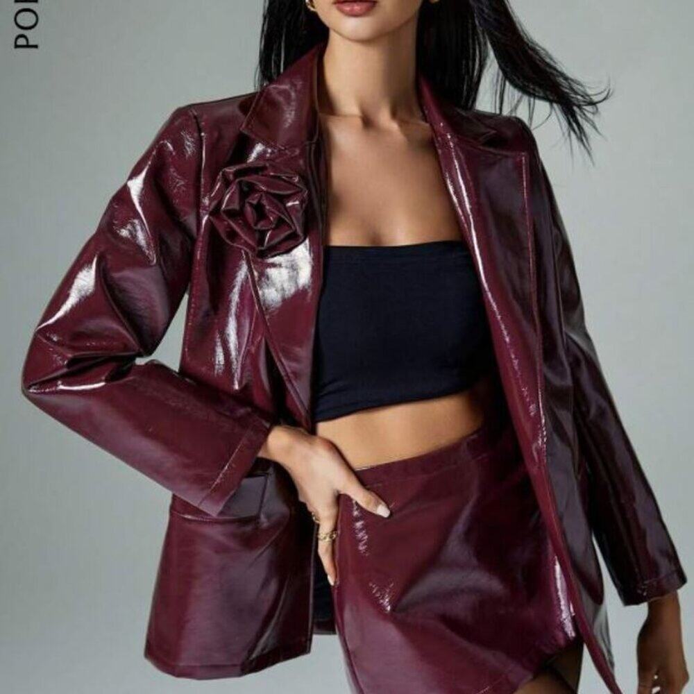 Poeselle Wine Red Oil Wax Faux Patent Leather Blazer with 3D flower. L. NWOT.